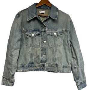 Zara‎ Women's Denim Trucker Jacket Size XXL Distressed Grunge